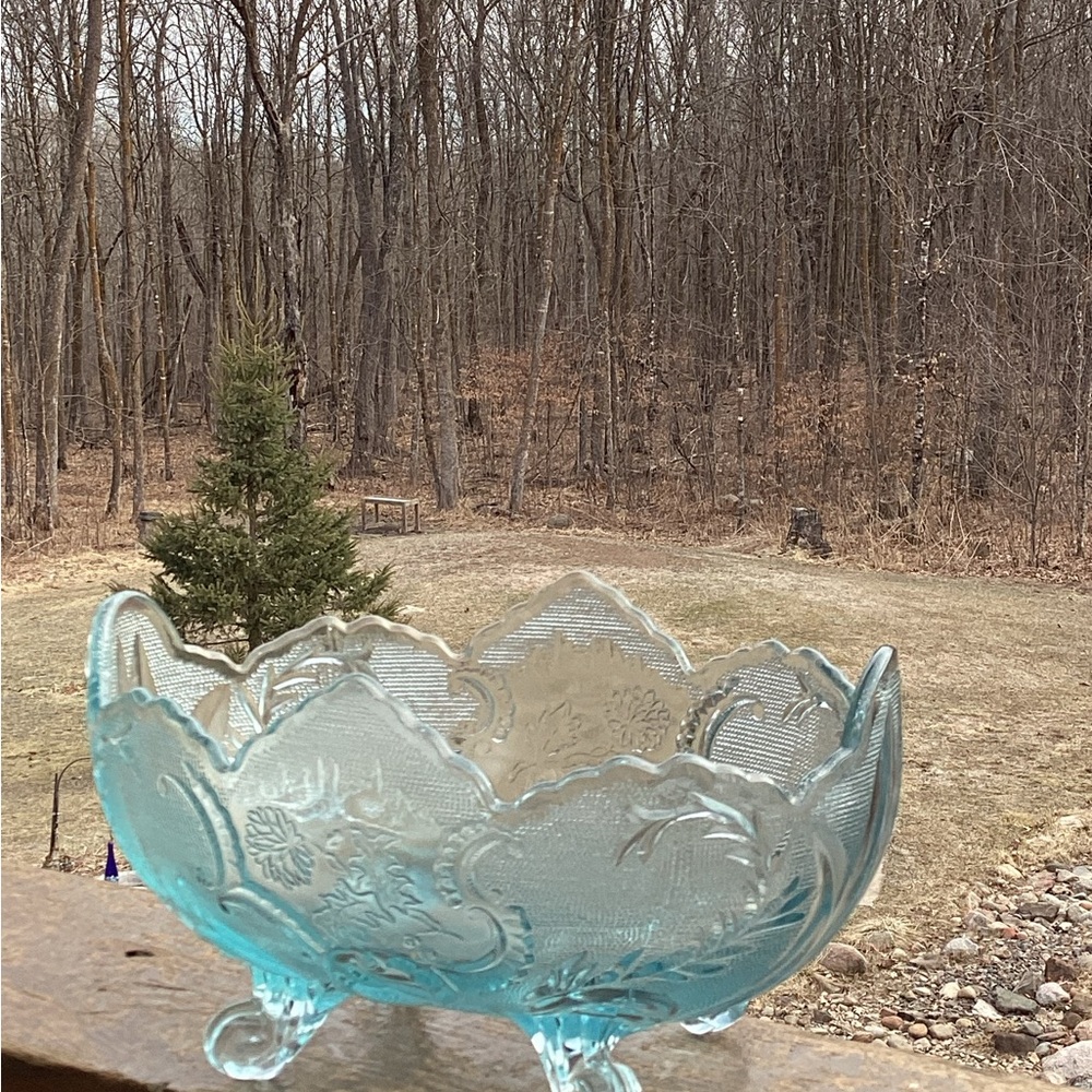 FOOTED DEPRESSION GLASS 1958 HEAVY Fruit Bowl Ornate
  Robins Egg 🪺 Blue VNC